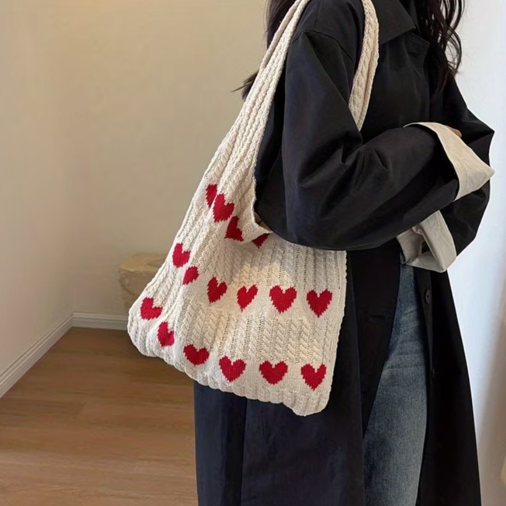 Chic Heart Patterned  Crochet Tote Bag - White and Red
